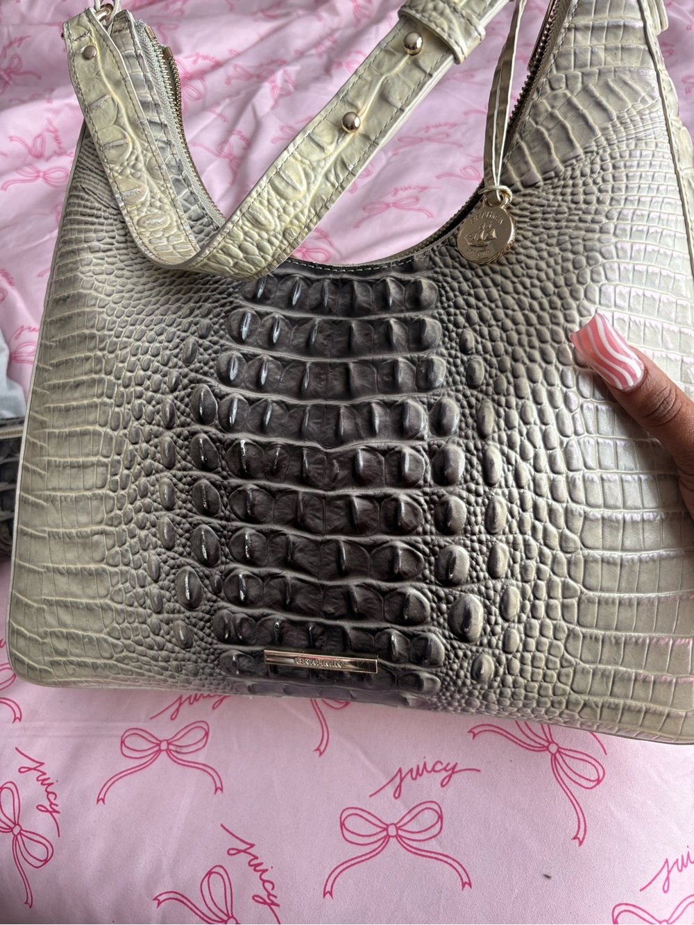 Brahmin Croc-Embossed Shoulder Bag in Gradient Gray and Black